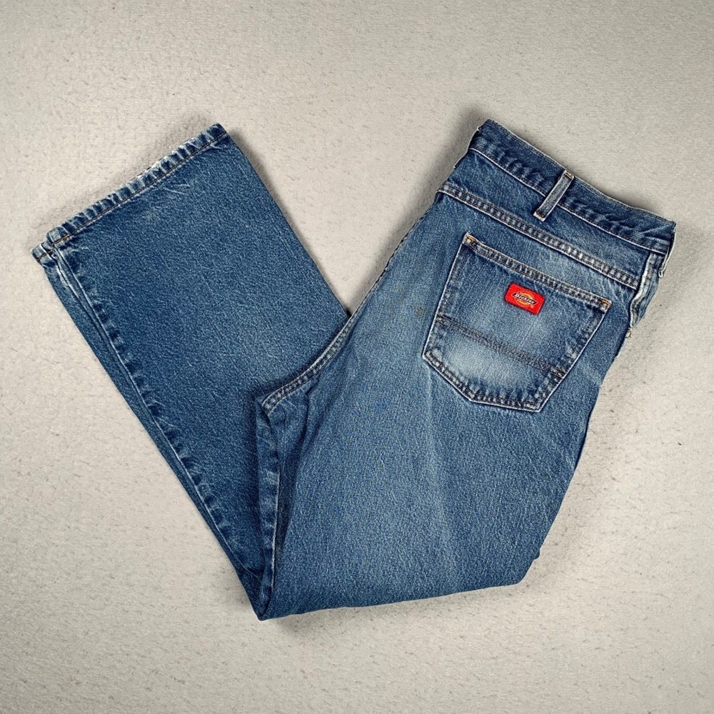 Dickies Jeans Mens 38x30 Blue Distressed Straight Leg Denim Workwear W6D1444